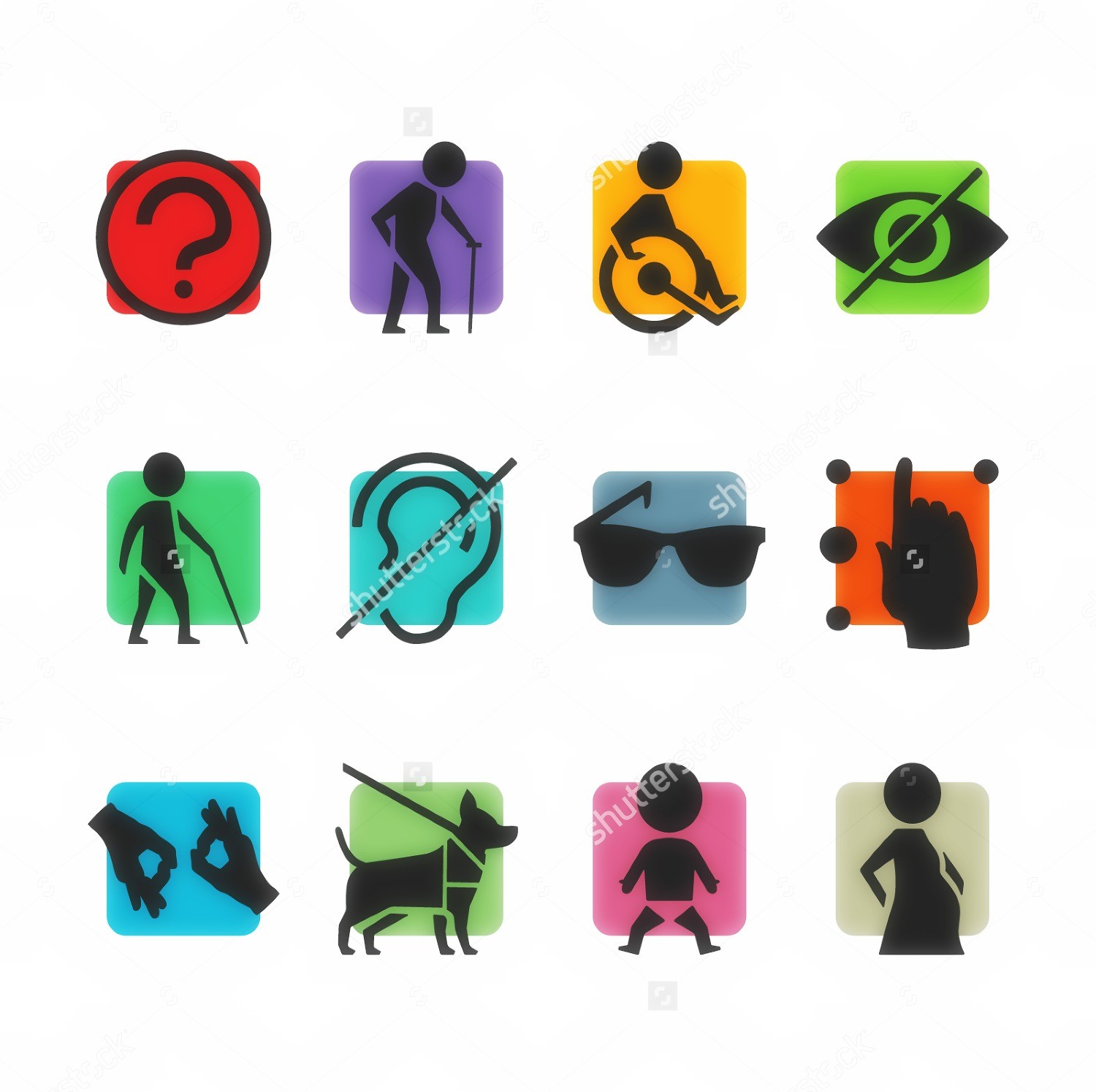 pictures showing a person with a cane, a person using a wheelchair, a hand using Braille, hands signing, a service animal, a baby, a pregnant person, glasses, an ear and an eye.